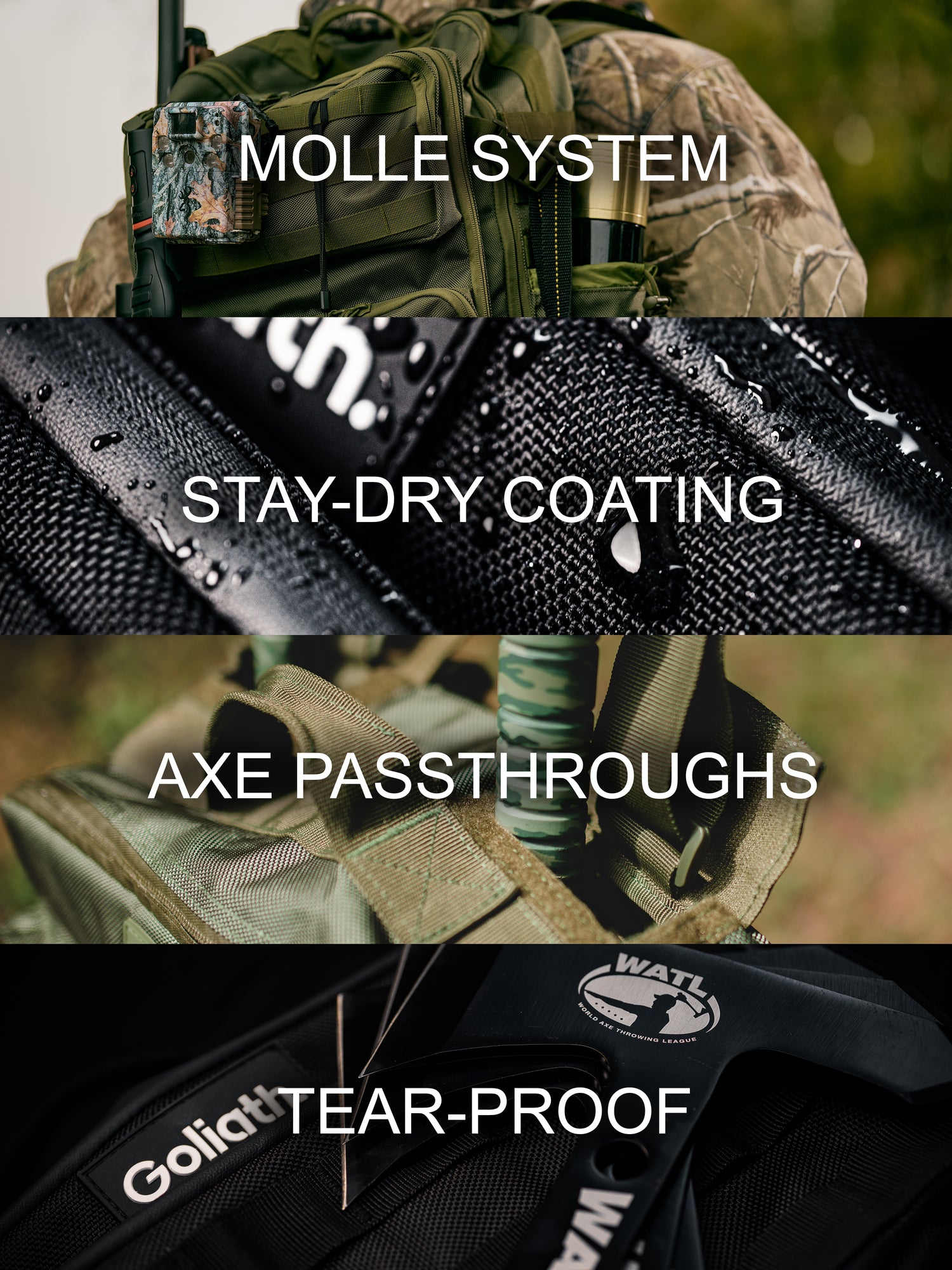 Goliath backpack feature highlights, MOLLE system, stay dry coating, axe passthroughs and tear proof ballistic nylon